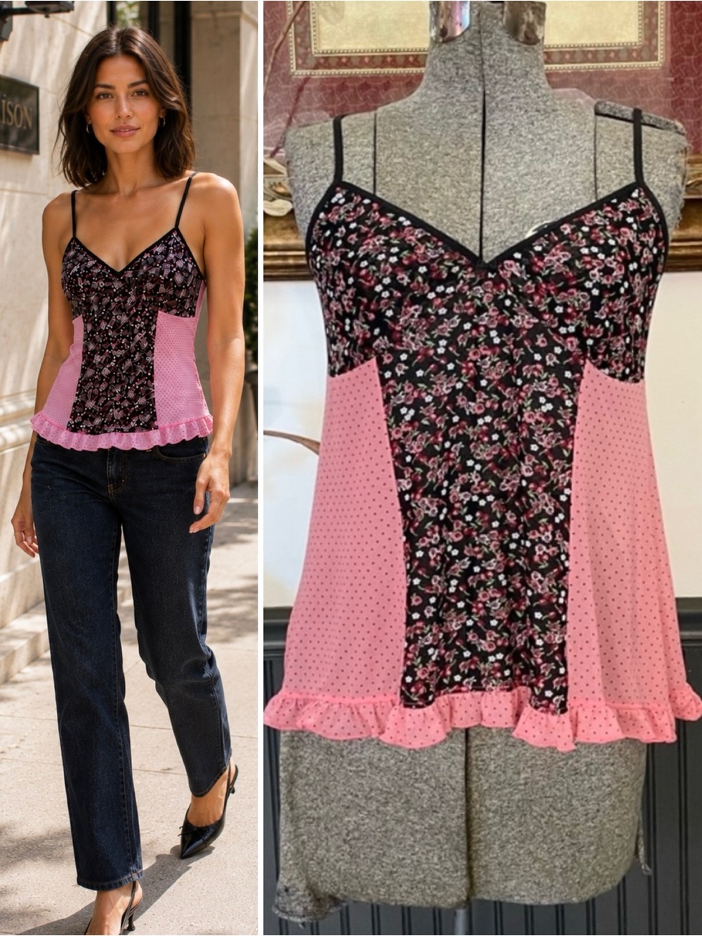 Vintage Y2K Lucky Brand Floral Polka Dot Mesh Babydoll Lingerie Cami Top M 💕🎀
